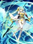  bikini bow breasts choker cleavage eyebrows_visible_through_hair fate/grand_order fate_(series) floating_hair full_body green_eyes green_hair groin hair_between_eyes hair_bow highres holding holding_weapon horns kiyohime_(fate/grand_order) kiyohime_(swimsuit_lancer)_(fate) lingsexuanlv long_hair md5_mismatch medium_breasts navel parted_lips polearm sideboob smile solo swimsuit thighhighs very_long_hair weapon white_legwear yellow_bikini yellow_bow 