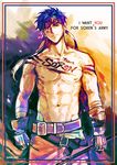  asymmetrical_gloves bandages belt blue_eyes blue_hair clenched_hand fire_emblem fire_emblem:_souen_no_kiseki fire_emblem_heroes gloves headband holding ike male_focus marking_on_cheek markings multicolored multicolored_background pants sera_(stikwafer) shirtless smirk solo 