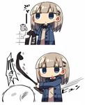  2koma bangs blue_eyes blue_jacket blunt_bangs blush_stickers closed_mouth collared_shirt comic commentary copyright_request empty_eyes expressionless faucet grey_hair hair_ornament hairclip jacket kanikama long_sleeves masochism neck_ribbon open_clothes open_jacket ribbon shirt simple_background slapping thighhighs_removed translated vest white_background 