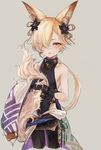  animal_ears backless_outfit bare_arms black_legwear blonde_hair blush commentary_request cropped_legs erune fingernails fox_ears fox_tail granblue_fantasy grey_background hair_ornament hair_over_one_eye highres kou_(granblue_fantasy) long_hair looking_at_viewer male_focus md5_mismatch nail_polish open_mouth red_eyes simple_background sleeveless tail wataichi_meko 