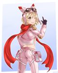  animal_ears ass blonde_hair blue_background border butt_crack cape djeeta_(granblue_fantasy) fake_animal_ears gloves goggles goggles_on_head goggles_on_headwear gradient gradient_background granblue_fantasy hair_between_eyes holster looking_at_viewer looking_back midriff one_eye_closed outline outside_border pants pink_pants pointing pointing_up purple_gloves red_scarf scarf seinz0 short_hair smile solo thigh_holster tight tight_pants tongue tongue_out white_border white_outline yellow_eyes 