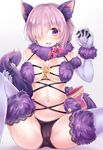  animal_ears bangs black_legwear black_panties bow breasts commentary_request dangerous_beast elbow_gloves eyebrows_visible_through_hair fang fate/grand_order fate_(series) fur-trimmed_gloves fur-trimmed_legwear fur_collar fur_trim gloves hair_over_one_eye hands_up knee_up lace-trimmed_legwear large_bow large_breasts looking_at_viewer mash_kyrielight navel nikoo o-ring o-ring_top open_mouth panties pink_bow purple_eyes purple_hair purple_legwear short_hair sitting smile solo tail thighhighs underwear wolf_ears wolf_tail 