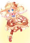  :d ahoge angel_wings bad_anatomy blonde_hair blue_eyes bracelet brown_skirt butter doughnut food food_themed_clothes food_themed_hair_ornament frilled_skirt frills hair_ornament jewelry long_hair looking_at_viewer morinaga_(brand) navel open_mouth pancake_hair_ornament red_footwear shoes skirt smile solo standing standing_on_one_leg striped striped_legwear suspender_skirt suspenders teltelhousi two_side_up winged_shoes wings 