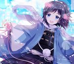  black_hair blue_eyes flower hakama haori japanese_clothes male_focus mole mole_under_eye open_mouth petals ponytail scarf shinsengumi smile touken_ranbu uguisu_mochi_(ykss35) veil yamato-no-kami_yasusada 