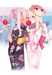  blush candy_apple chloe_von_einzbern dark_skin eyebrows_visible_through_hair fate/kaleid_liner_prisma_illya fate_(series) fiodo floral_print food hand_on_another's_shoulder highres illyasviel_von_einzbern japanese_clothes kimono long_hair mask mask_on_head multiple_girls obi one_eye_closed open_mouth outdoors pink_eyes pink_hair platinum_blonde_hair sash sharing_food short_ponytail single_sidelock tongue tongue_out wristband yellow_eyes yukata yuri 