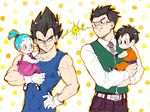  2girls :d belt black_eyes black_hair blue_eyes blue_hair bra_(dragon_ball) carrying denim dougi dragon_ball dragon_ball_z dress eyebrows_visible_through_hair father_and_daughter formal frown glasses gloves hand_on_hip happy jeans long_sleeves looking_at_another looking_away multiple_boys multiple_girls necktie ochanoko_(get9-sac) open_mouth orange_background pan_(dragon_ball) pants short_hair simple_background smile son_gohan sweatdrop tied_hair vegeta white_background wristband yellow_background 