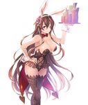  animal_ears bare_shoulders breasts brown_hair bunny_ears bunnysuit card cleavage flower granblue_fantasy hair_between_eyes hair_flower hair_ornament highres large_breasts leaf long_hair looking_at_viewer low_twintails mizuno_(suisuiw) navel one_eye_closed pointy_ears purple_eyes rose rosetta_(granblue_fantasy) smile solo thighhighs twintails very_long_hair 