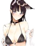  animal_ears bangs bare_shoulders bikini bikini_top black_bikini black_bikini_top black_hair blunt_bangs breasts choker cleavage collarbone commentary_request eyebrows_visible_through_hair fingernails front-tie_bikini front-tie_top highres looking_at_viewer medium_breasts mole mole_on_breast original purple_eyes shiny shiny_hair shunsei_(muratou) simple_background solo sweatdrop swimsuit torii upper_body white_background 