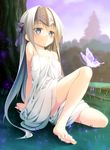  arm_support bare_arms bare_legs bare_shoulders barefoot blue_eyes blush bug butterfly closed_mouth day dress eucliwood_hellscythe feet full_body grass headpiece highres insect knee_up kore_wa_zombie_desu_ka? leaning_back lethe-shion long_hair on_ground outdoors silver_hair sitting smile solo sundress tree very_long_hair white_dress 