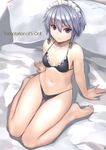  arm_support ass_visible_through_thighs barefoot bikini black_bikini blue_eyes braid breasts breasts_apart full_body highres izayoi_sakuya maid_headdress navel pillow short_hair silver_hair sitting small_breasts solo sudako_(dai011305) swimsuit touhou twin_braids wariza 