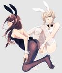  alternate_costume amane_suzuha animal_ears ass backless_dress backless_outfit bare_shoulders blue_eyes blush bow bowtie braid breasts brown_hair bunny_ears bunny_girl bunny_tail bunnysuit crossed_legs detached_collar dress embarrassed fishnet_pantyhose fishnets full_body green_eyes grey_background hands_together highres light_brown_hair long_hair looking_at_viewer makise_kurisu medium_breasts multiple_girls open_mouth pantyhose sideboob simple_background smile steins;gate sweatdrop tail tokiji twin_braids wavy_mouth wrist_cuffs 