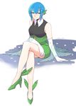  blue_eyes blue_hair crossed_legs elbow_gloves florges full_body gen_6_pokemon gloves green_footwear high_heels highres ituyakitori looking_at_viewer pencil_skirt personification pokemon short_hair sitting skirt smile solo white_gloves 