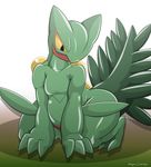  2017 3_fingers 3_toes ambiguous_gender anthro flora_fauna green_skin nintendo nude plant pok&eacute;mon pok&eacute;mon_(species) scalie sceptile simple_background sitting solo thick_thighs toes type video_games yellow_eyes 