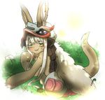  :3 animal_ears bangs blush chin_rest commentary_request ears_through_headwear eyebrows_visible_through_hair flower fur furry grass green_eyes hat horns long_hair looking_at_viewer lying made_in_abyss monster_girl nanachi_(made_in_abyss) on_side pants parted_lips paws piko_(0_ppqq_0) smile solo topless whiskers white_hair 