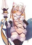  absurdres ahoge akieda alternate_color animal_ears ass_visible_through_thighs black_gloves black_legwear blush cosplay dangerous_beast elbow_gloves embarrassed eyebrows_visible_through_hair fate/grand_order fate_(series) flat_chest fur_trim gloves hair_ribbon hand_on_hip headpiece highres jeanne_d'arc_(fate)_(all) jeanne_d'arc_alter_santa_lily light_brown_hair looking_down mash_kyrielight mash_kyrielight_(cosplay) navel o-ring o-ring_top polearm revealing_clothes ribbon short_hair simple_background solo tail thigh_gap thighhighs weapon white_background yellow_eyes 