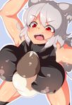  animal_humanoid big_breasts breasts canine_humanoid clothed clothing female grey_hair hair hi_res humanoid mammal momiji_inubashiri open_mouth red_eyes tentacles tochinoco_(artist) touhou 
