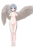  1girl amputee angel angel_wings blue_hair breasts female full_body gluteal_fold jpeg_artifacts kurotsutsuki navel nipples nude original simple_background solo thigh_gap white_background wings 