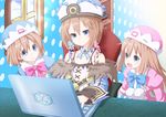  bare_shoulders blanc blue_eyes blush brown_hair computer desk fairy gun_gun_pixies hat highres laptop long_hair minigirl mouse_(computer) multiple_girls neptune_(series) open_mouth ram_(choujigen_game_neptune) rom_(choujigen_game_neptune) short_hair siblings sisters sitting smile table twins up_(mmmmmmmmss) 