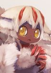  :o bangs bright_pupils claws dark_skin faputa fewer_digits grey_background looking_at_viewer made_in_abyss manino_(mofuritaionaka) monster_girl multiple_arms parted_lips paws short_hair simple_background solo white_hair yellow_eyes 