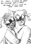  anthro black_and_white blood blush caprine cat dialogue english_text faceless_female feline female hladilnik horn hug lucy_(hladilnik) male mammal monochrome nosebleed nude sheep sweat text 