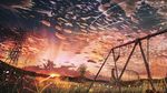  banishment cloud cloudy_sky commentary_request field grass highres no_humans original outdoors ruins scenery sky sun sunset swing transmission_tower 