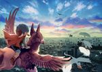  afro animal bird blue_eyes blue_hair blue_sky building cape cityscape clothed_animal cloud cloudy_sky commentary_request day dove flying griffin hat horns looking_at_viewer looking_back manino_(mofuritaionaka) original outdoors riding scenery shoes shorts signature sky smile 