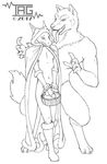  2017 anthro anthro_on_anthro balls basket boots canine cape claws clothed clothing cosplay digitigrade drooling duo erection footwear fur gloves hindpaw hood humanoid_penis larger_male little_red_riding_hood little_red_riding_hood_(copyright) lizard long_tongue looking_at_partner male male/male mammal mostly_nude navel nipples nude open_mouth partially_clothed paws penis prismara reptile saliva scalie sharp_teeth size_difference smaller_male standing teeth toe_claws tongue tongue_out trile watermark wolf 