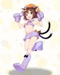  :d alternate_costume animal_ears bangs black_bow bow bowtie breasts brown_eyes brown_hair cat_ears cat_tail chen commentary_request earrings eyebrows_visible_through_hair fujiyama full_body gloves halloween hands_up hat jewelry looking_at_viewer midriff mob_cap multiple_tails open_mouth orange_bow orange_hat paw_gloves paw_shoes paws shoes short_hair shorts small_breasts smile solo standing standing_on_one_leg tail touhou underboob 