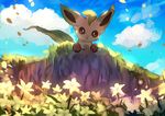  blue_sky brown_eyes cloud day field flower gen_4_pokemon leafeon looking_at_viewer manino_(mofuritaionaka) no_humans outdoors pokemon pokemon_(creature) signature sky solo 