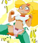  2017 b_cottontail bandicoot blonde_hair blush bow bow_panties breasts clothing coco_bandicoot crash_bandicoot_(series) dated erect_nipples female green_eyes hair hi_res mammal marsupial navel nipples omorashi overalls panties peeing pink_panties ponytail shirt simple_background solo spread_legs spreading teeth text torn_clothing translation_request under_boob underwear urine video_games wetting white_background 
