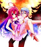  1girl ahoge blue_hair carrying choker couple demon_wings dress gradient_hair grey_hair hat hetero highres itsuka_tenma_no_kuro_usagi kurogane_taito long_hair mimi0846 multicolored_hair princess_carry purple_hair red_eyes saito_himea school_uniform short_hair smile very_long_hair wings 