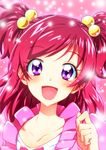  :d bangs collarbone commentary_request eyebrows_visible_through_hair hair_bobbles hair_ornament hand_up head_tilt light_particles long_hair looking_at_viewer open_mouth pink_background pink_hair precure purple_eyes shiny shiny_hair smile solo swept_bangs two_side_up upper_body yes!_precure_5 yumehara_nozomi yuto_(dialique) 