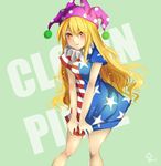  american_flag_dress bare_arms blonde_hair character_name clownpiece commentary_request dress dress_tug green_background hat hoshiringo0902 jester_cap leaning_forward long_hair neck_ruff no_legwear polka_dot pout red_eyes short_dress short_sleeves signature simple_background solo standing star star_print striped striped_dress touhou v_arms very_long_hair wavy_mouth 