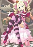  beatrice_(re:zero) blonde_hair blue_eyes book chair crossed_legs crown curly_hair dress highres holding legs long_hair mary_janes momio open_mouth panties pantyshot pantyshot_(sitting) pink_panties re:zero_kara_hajimeru_isekai_seikatsu red_dress ribbon shoes sitting solo striped striped_legwear thighhighs twintails underwear upskirt 