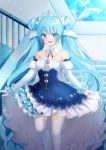  1girl :d absurdly_long_hair absurdres bangs bare_shoulders blue_dress blue_eyes blue_hair blurry blush breasts cleavage depth_of_field detached_collar detached_sleeves dress earrings eyebrows_visible_through_hair feet_out_of_frame frilled_dress frilled_sleeves frills hair_ornament hatsune_miku highres huge_filesize jewelry juliet_sleeves layered_dress long_hair long_sleeves looking_at_viewer mamel_27 medium_breasts musical_note_hair_ornament open_mouth puffy_sleeves railing sidelocks sleeves_past_wrists smile snowflake_hair_ornament solo stairs standing tareme thighhighs twintails upper_teeth very_long_hair vocaloid walking white_legwear yuki_miku 
