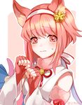  2900cm animal_ears blush cat_ears fingerless_gloves fire_emblem fire_emblem_heroes fire_emblem_if gloves hair_ornament hairband japanese_clothes kimono nekomata pink_hair red_eyes red_hair sakura_(fire_emblem_if) short_hair solo 