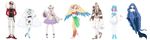  4girls :d :o absurdly_long_hair absurdres animal_ears ankleband archeops barefoot black_gloves black_neckwear blue_eyes blue_footwear blue_gloves blue_hair blue_legwear bow brown_footwear brown_hair cape crabominable dress elbow_gloves epaulettes flower fur_trim gen_5_pokemon gen_6_pokemon gen_7_pokemon gloves grey_pants hair_bow hand_on_hip hand_up hands_in_pockets hands_on_hips highres ituyakitori long_hair lycanroc mask mask_removed midriff mienshao multiple_boys multiple_girls navel open_mouth pants pantyhose personification pokemon purple_cap purple_dress red_footwear red_hair see-through shoes silver_hair skirt smile sneakers spiked_shoes spikes standing stitches striped sylveon tail thighhighs twintails vertical_stripes very_long_hair vest white_eyes white_gloves white_hair white_legwear white_pants wide_sleeves wishiwashi 