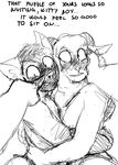  anthro black_and_white blood blush caprine cat dialogue english_text faceless_female feline female hladilnik horn hug lucy_(hladilnik) male mammal monochrome nosebleed nude sheep sweat text 