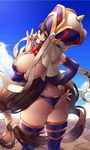 ass beads bikini blue_sky breasts bridal_gauntlets brown_eyes brown_hair commentary_request cowboy_shot day fate/grand_order fate_(series) finger_licking from_behind highres large_breasts licking long_hair looking_at_viewer looking_back prayer_beads purple_bikini purple_legwear sky solo swimsuit thighhighs very_long_hair xuanzang_(fate/grand_order) yin-ting_tian 