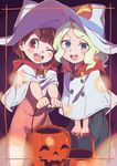  :d ;d bangs black_dress blonde_hair blue_eyes blush blush_stickers border brown_eyes brown_hair capelet check_commentary commentary_request diana_cavendish dress halloween halloween_basket halloween_costume hat highres jack-o'-lantern kagari_atsuko little_witch_academia long_hair looking_at_viewer multiple_girls one_eye_closed open_mouth outstretched_arms pink_dress round_teeth short_hair smile standing tama_(tama-s) tareme teeth v-shaped_eyebrows wavy_hair white_hat witch witch_hat younger 