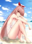  artist_name beach bikini blush breasts cloud crossed_legs day dungeon_and_fighter eyebrows_visible_through_hair feet full_body hair_ribbon hands_on_own_knees large_breasts long_hair looking_at_viewer ocean outdoors pink_hair priest_(dq3) red_eyes red_ribbon ribbon shaojiang sideboob sitting sky smile solo sun swimsuit white_bikini 