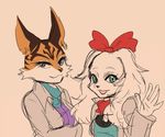  2017 anthro black_nose blue_eyes bow brown_fur canine clothing duo fay_spaniel feline fur gloves jacket jewelry long_ears mammal miyu_lynx nintendo open_mouth scarf simple_background smile star_fox video_games white_fur フティア＠絵修行 