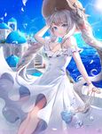  bare_shoulders blue_eyes breasts building dress fate/grand_order fate_(series) greece hair_ornament hat lens_flare long_hair marie_antoinette_(fate/grand_order) ozzingo silver_hair small_breasts smile solo sparkle standing star star_hair_ornament sun twintails water white_dress wind 