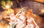  :3 artist_request bangs barefoot blonde_hair blunt_bangs blush breasts brown_hair cleavage closed_eyes collarbone eyelashes facing_another fan feet hair_between_eyes hino_akane_(idolmaster) hori_yuuko idolmaster idolmaster_cinderella_girls idolmaster_cinderella_girls_starlight_stage long_hair medium_breasts miyamoto_frederica multiple_girls naked_towel night official_art onsen open_mouth orange_hair partially_submerged plant raised_eyebrows short_hair sitting smile soles sweat tied_hair towel water 