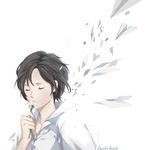  artist_name black_hair closed_eyes detention_(game) facing_viewer fang_ray_shin feesh flower highres paper_airplane short_hair solo 