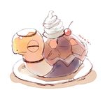  closed_eyes closed_mouth cream food fruit gen_3_pokemon manino_(mofuritaionaka) no_humans plate pokemon pokemon_(creature) signature simple_background solo torkoal turtle white_background 