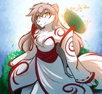  2017 amaterasu anthro breasts canine chest_tuft cleavage clothed clothing cosplay deity dress facial_markings female fire flower fur hair hi_res keidran long_hair looking_at_viewer mammal markings pink_nose plant raine_(twokinds) red_markings robes smile solo tom_fischbach tuft twokinds video_games webcomic white_fur wolf yellow_eyes ōkami 