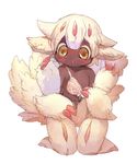  bangs blush bra dark_skin faputa fewer_digits flat_chest kneeling looking_at_viewer made_in_abyss manino_(mofuritaionaka) monster_girl multiple_arms parted_lips paws short_hair solo thigh_gap underwear undone_bra white_background white_hair yellow_eyes 