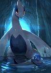  cave gen_2_pokemon gen_7_pokemon legendary_pokemon looking_at_another looking_down lugia manino_(mofuritaionaka) no_humans parted_lips pokemon pokemon_(creature) popplio red_eyes ripples signature tail tail_grab wading water water_surface 