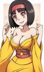 1girl breasts brown_eyes erika_(pokemon) gym_leader hair_ornament kimono nintendo pokemon pokemon_(game) pokemon_hgss scott_bennett smile 